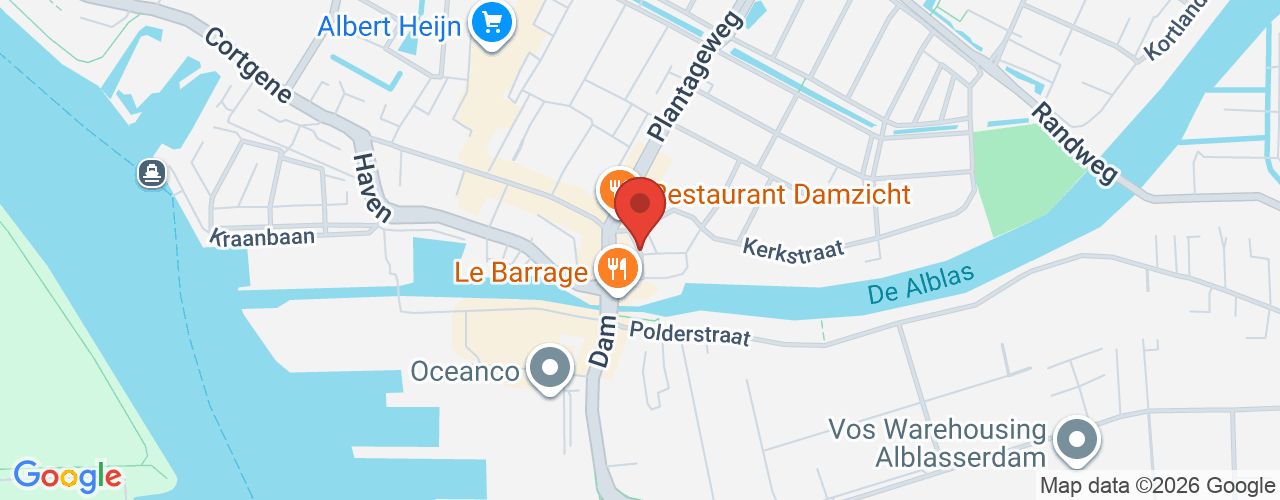 Google Maps afbeelding van de locatie van het incident. De locatie "Kerksingel, Alblasserdam " is aangegeven met een rode marker.