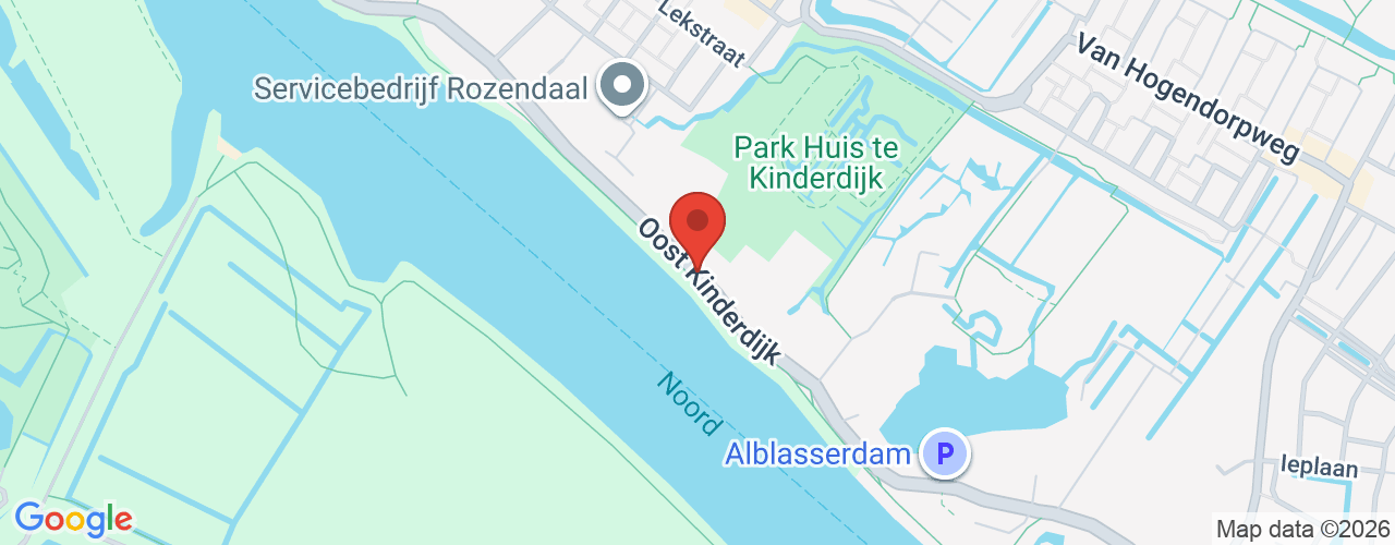 Google Maps afbeelding van de locatie van het incident. De locatie "Oost Kinderdijk Alblasserdam " is aangegeven met een rode marker.