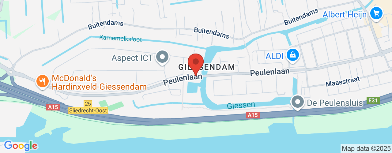 Google Maps afbeelding van de locatie van het incident. De locatie "Peulenlaan Hardinxveld-Giessendam" is aangegeven met een rode marker.