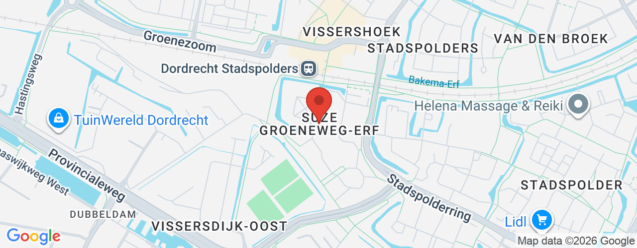 Google Maps afbeelding van de locatie van het incident. De locatie "Suze Groeneweg-erf, Dordrecht " is aangegeven met een rode marker.