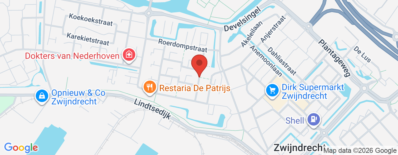 Google Maps afbeelding van de locatie van het incident. De locatie "Waterhoenstraat, Zwijndrecht " is aangegeven met een rode marker.